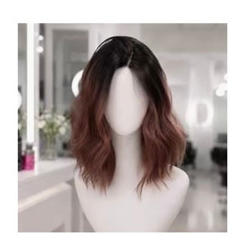 14” short, wavy ombre wig with dark roots middle part brown pink blush peach